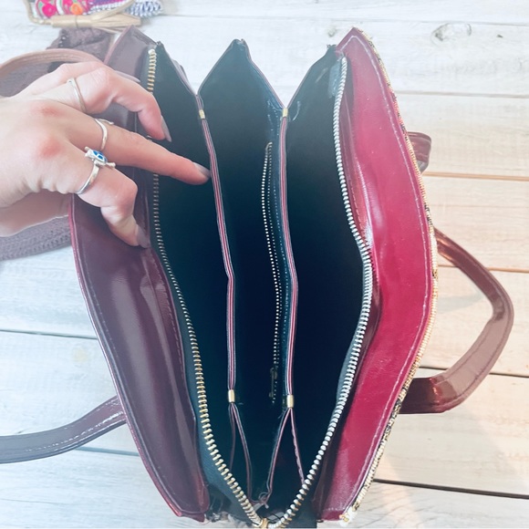 VTG CARPET HANDBAG CANVAS FLORAL RED LEATHER - Picture 5 of 12